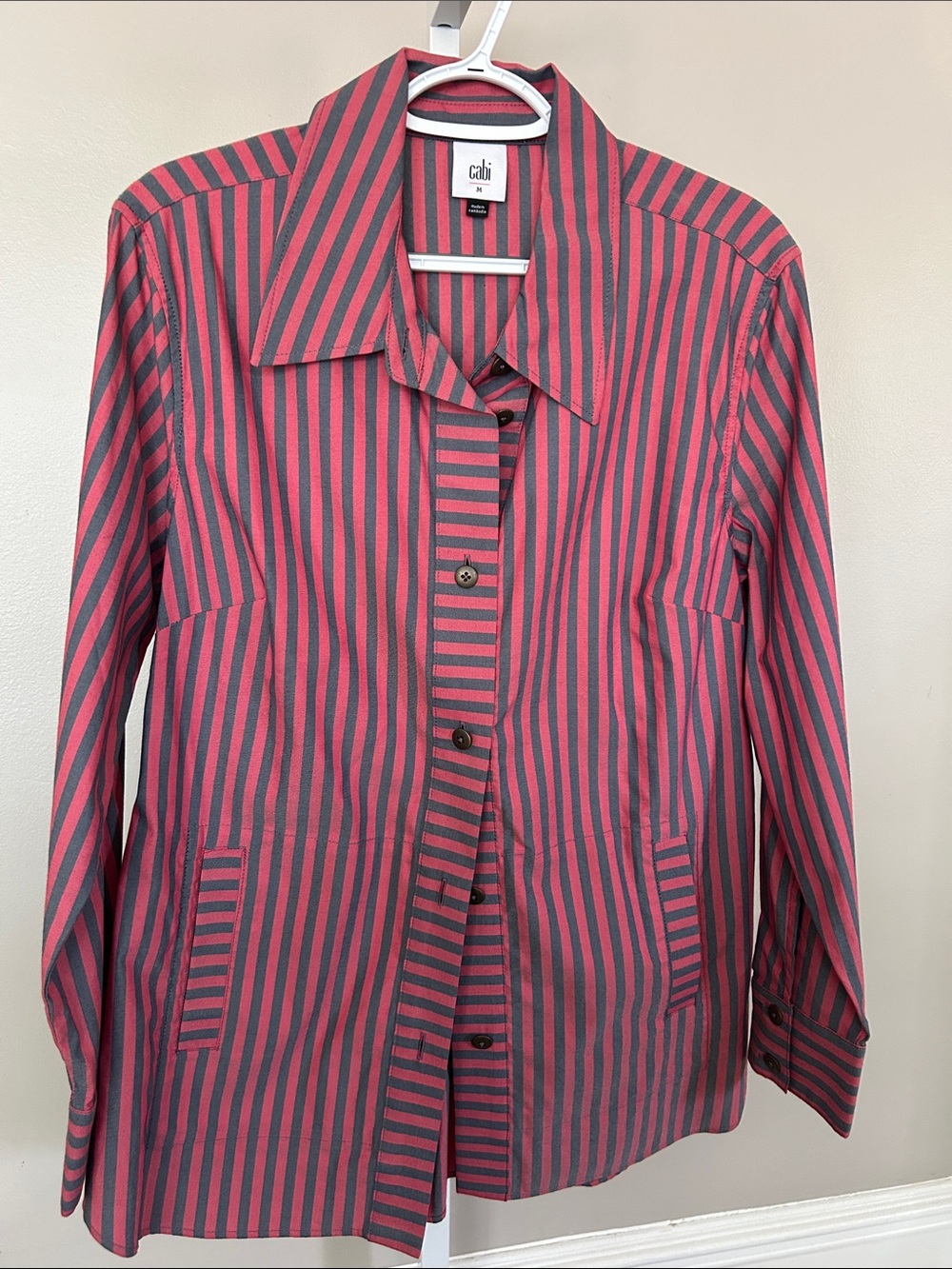 CAbi Red and Gray Striped Button Front Blouse